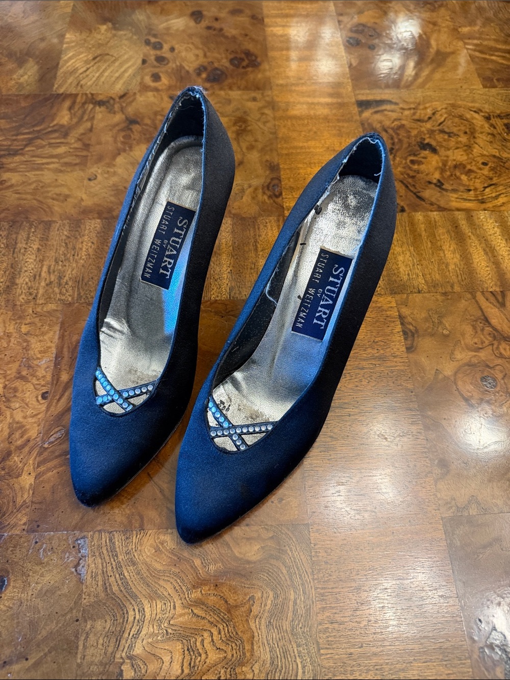 Stuart Weitzman Navy Satin Pointed-Toe Pumps with Crystal Accent